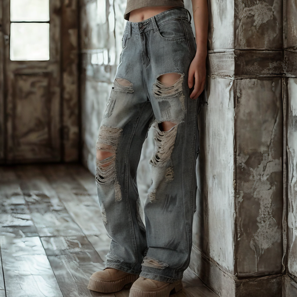 Dustybrim American Distressed Graffiti Loose-Fit Jeans