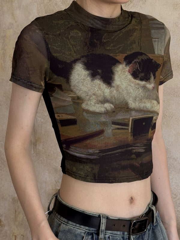 Dustybrim American Sweetheart Mock-Neck Kitty Mesh Crop Top