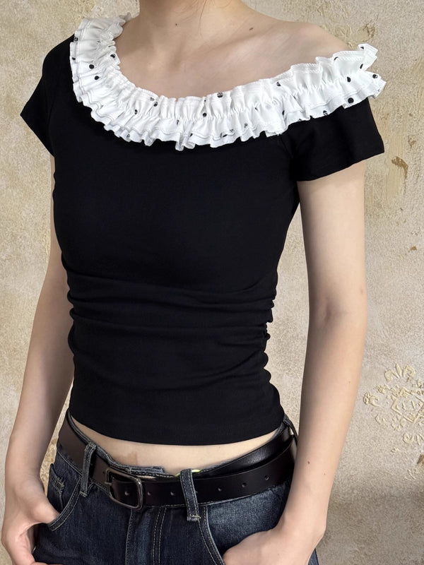Dustybrim "Hot Girl" Asymmetrical Off-Shoulder Ruffle Top